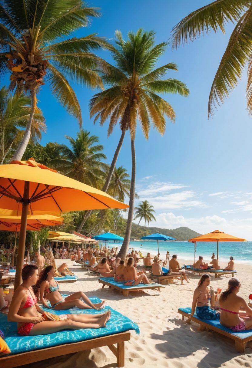 A vibrant beach scene showcasing colorful beachwear, with a diverse group of people sunbathing, playing beach volleyball, and enjoying tropical fruits. In the background, a beautifully decorated beachside restaurant serving culinary delights, with palm trees swaying gently in the breeze. The sky is clear blue, and the ocean sparkles in the sunlight. super-realistic. vibrant colors. tropical theme.