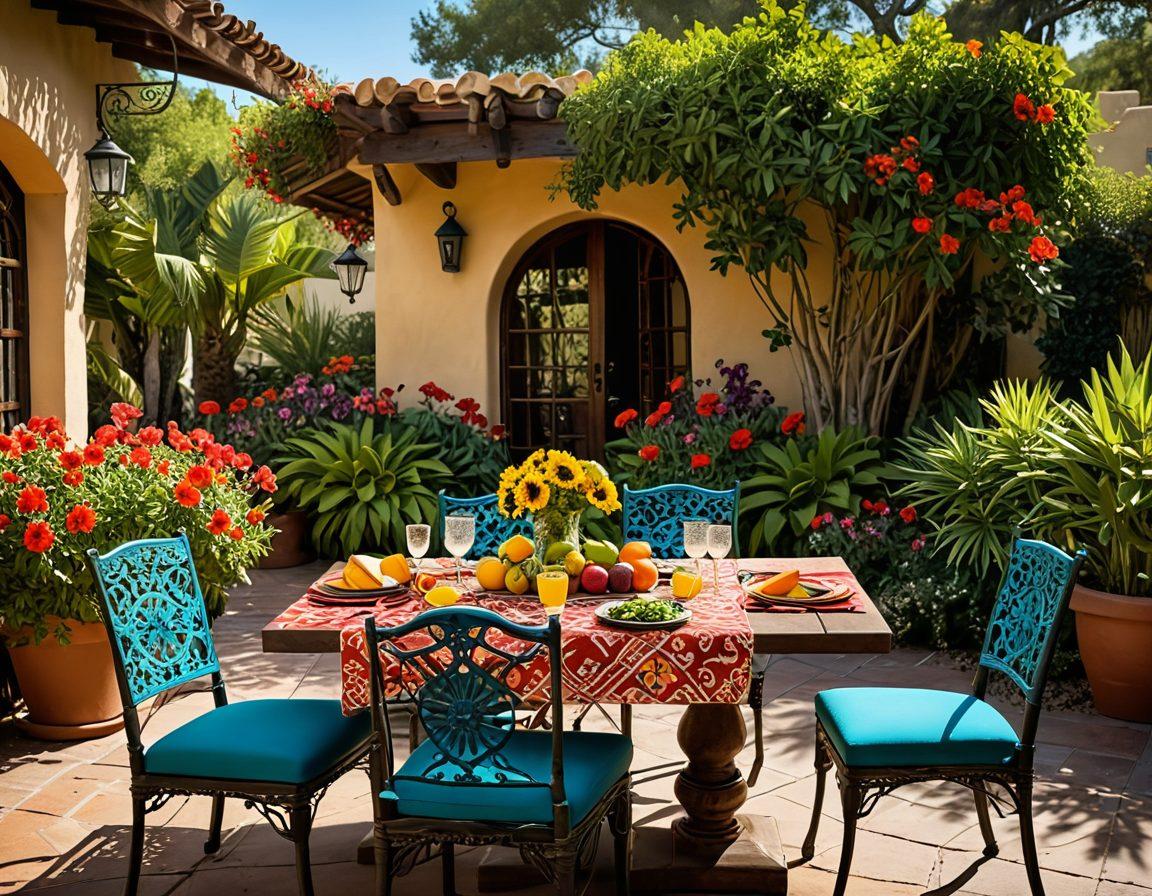 A vibrant summer scene featuring a beautifully arranged outdoor dining table at La Hacienda, adorned with colorful Mexican dishes, fresh fruits, and traditional décor. Include a sun-drenched garden with lush greenery and blooming flowers in the background, evoking a sense of warmth and relaxation. Capture the essence of culinary wonders with vibrant colors and inviting textures. super-realistic. bright colors. outdoor setting.